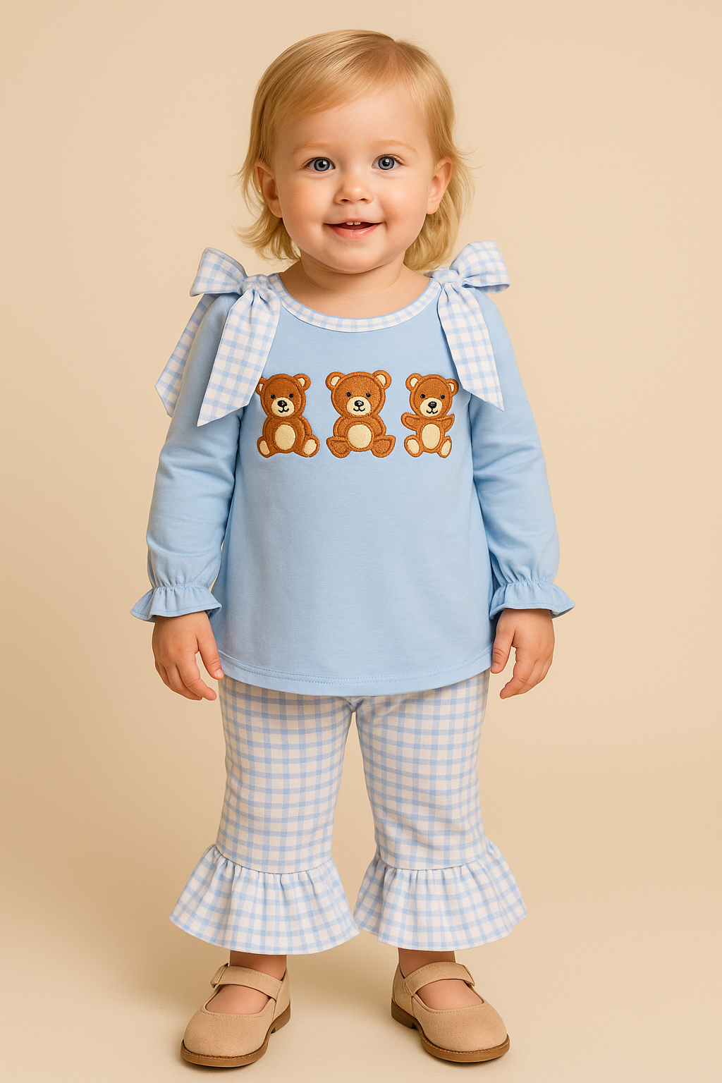 Child wearing a light blue top with teddy bear designs and checkered pants on a beige background