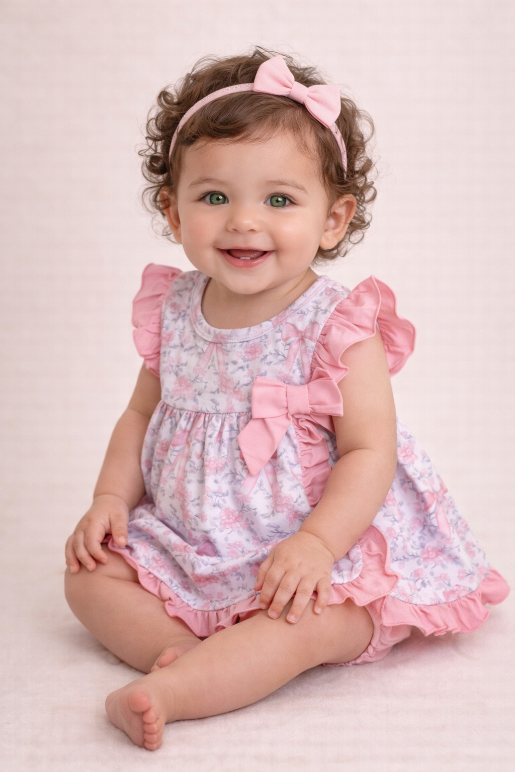Baby girl wearing a pink floral dress with ruffles on a light pink background