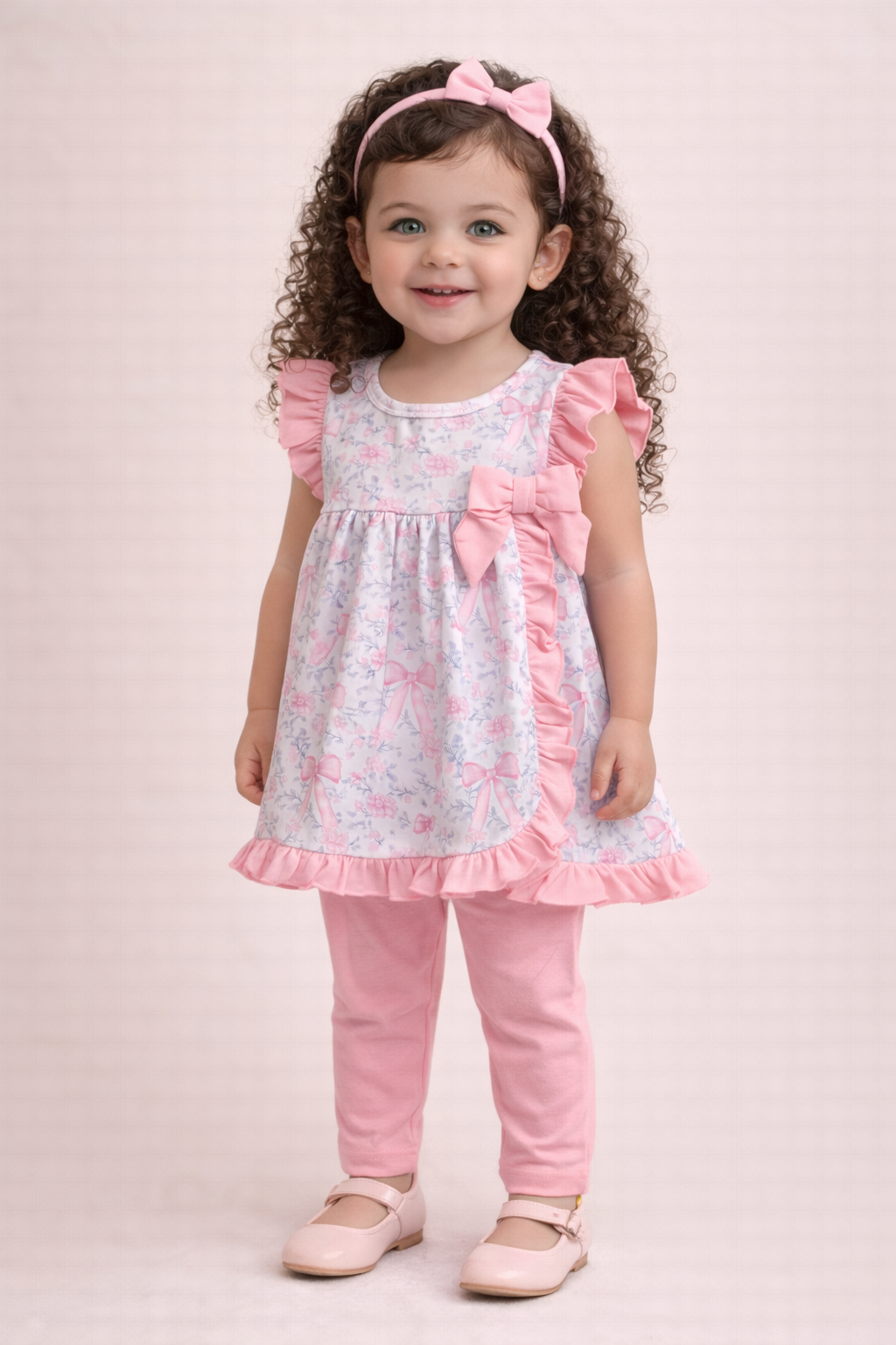 Young girl wearing a pink and white outfit with ruffles on a light pink background