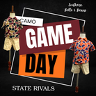 Two mannequins wearing colorful shirts with 'Camo Game Day' text and 'Southern Belle & Beaus' branding.
