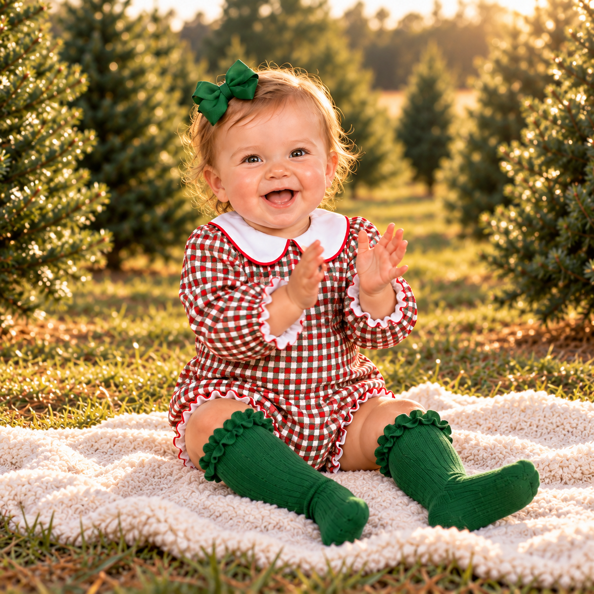 Girls Christmas Plaid Bubble Romper – Joyful baby at Christmas tree farm