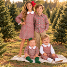 Knee-length plaid dress at Christmas tree farm