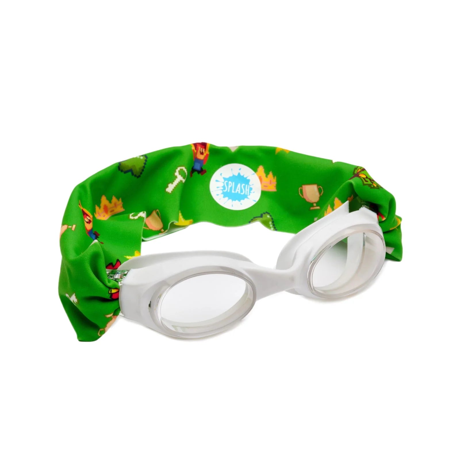 White swim goggles with a green patterned headband on a white background