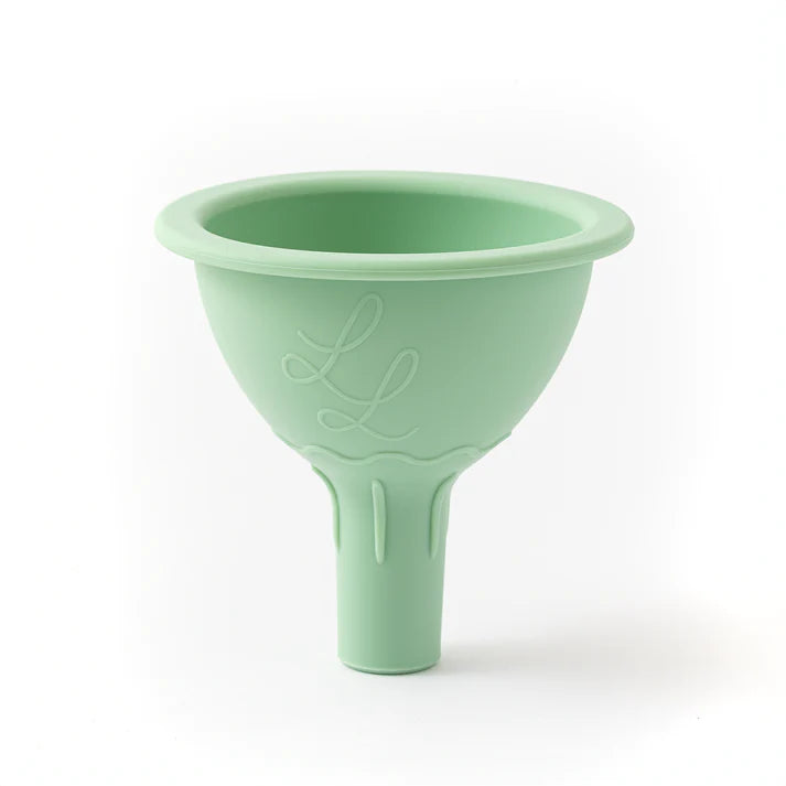 Green silicone funnel with 'LL' logo on a white background