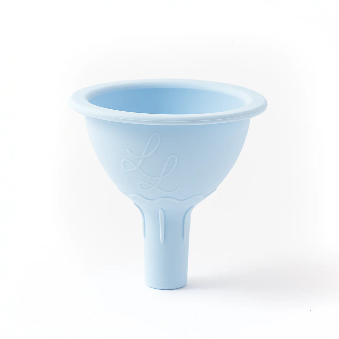 Light blue silicone funnel on a white background