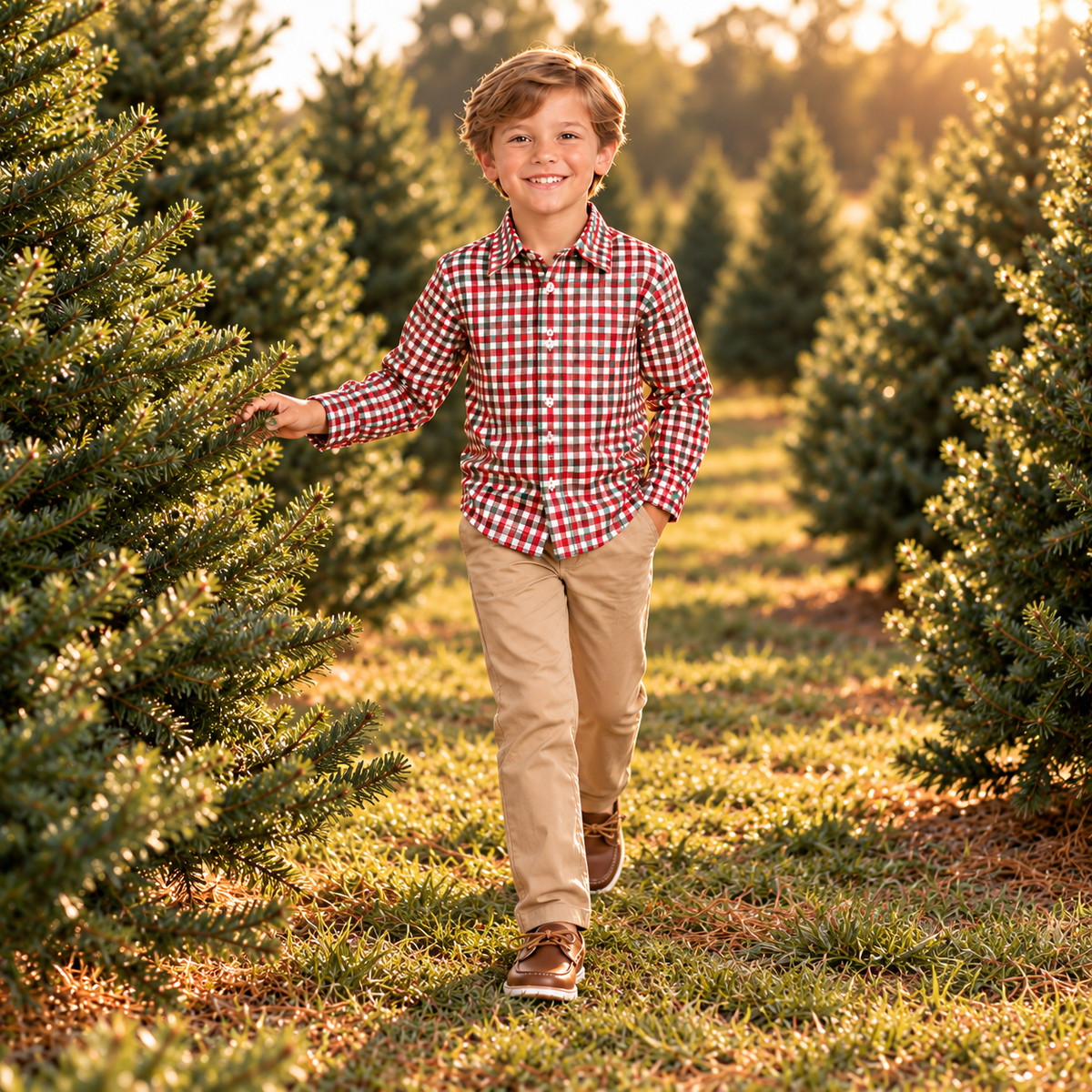 Boys Christmas Plaid Button Up Shirt – Plaid shirt boy among Christmas trees