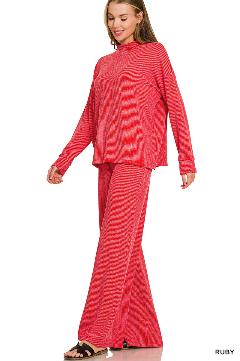Zenana mock neck tee and pants set in Ruby