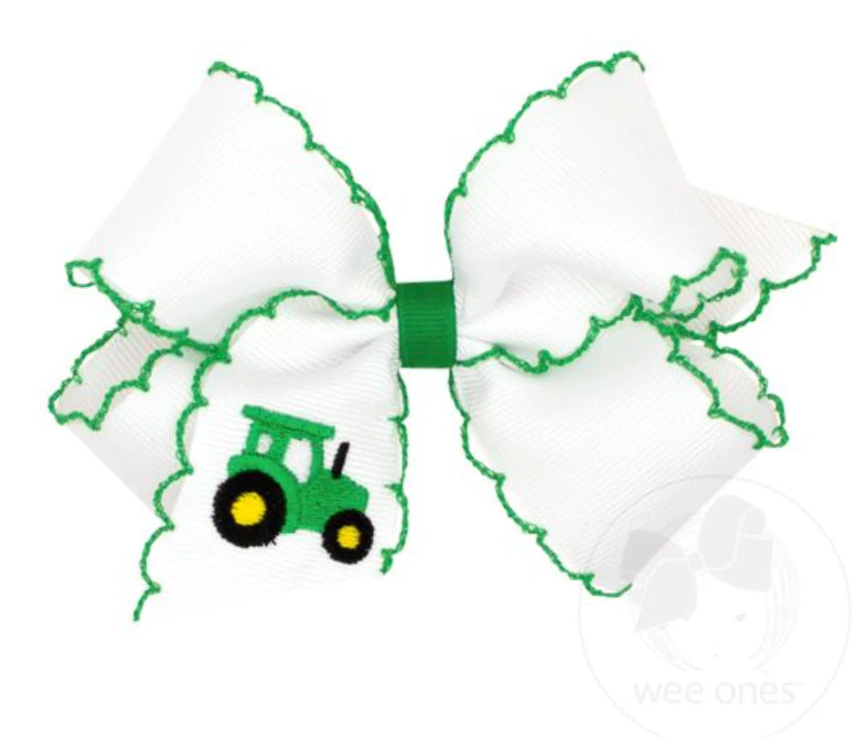 King size moonstitch edge Wee Ones bow with tractor embroidery. 