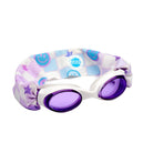 Swim goggles with a colorful strap on a white background
