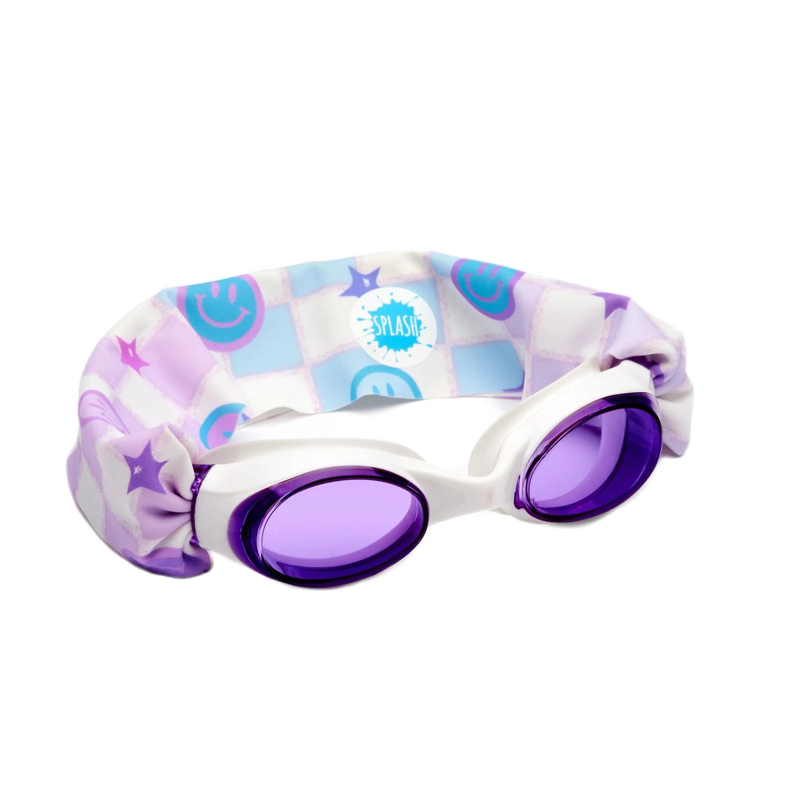 Swim goggles with a colorful strap on a white background