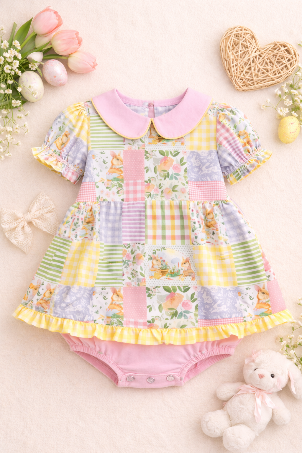 Colorful patchwork dress with floral and striped patterns on a light background with flowers and a teddy bear.