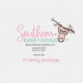 Promotional banner for Southern Belle & Beaus with a sloth illustration and free shipping offer.