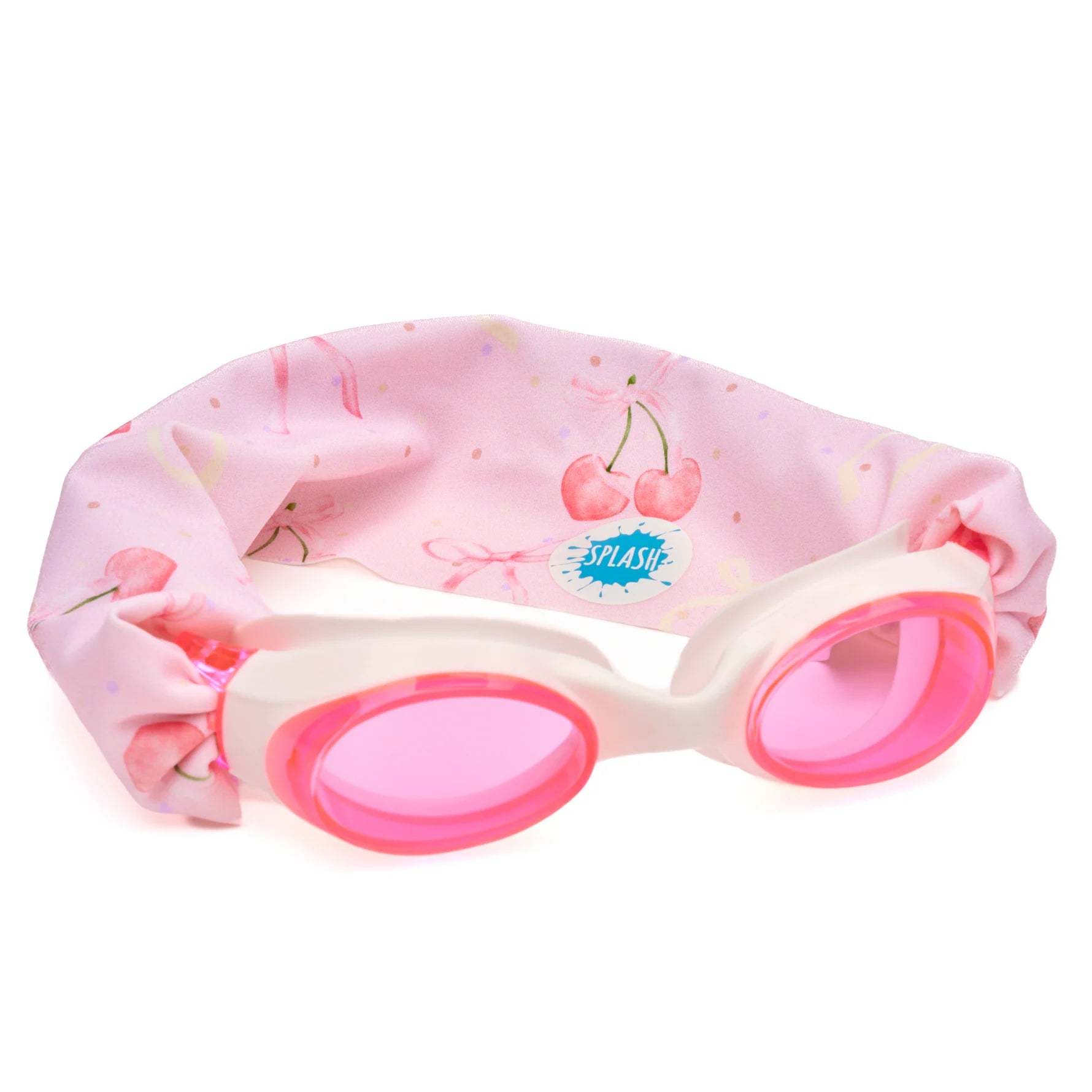 Pink swim goggles with cherry design on a white background