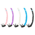 Five colorful snorkel tubes with black mouthpieces on a white background