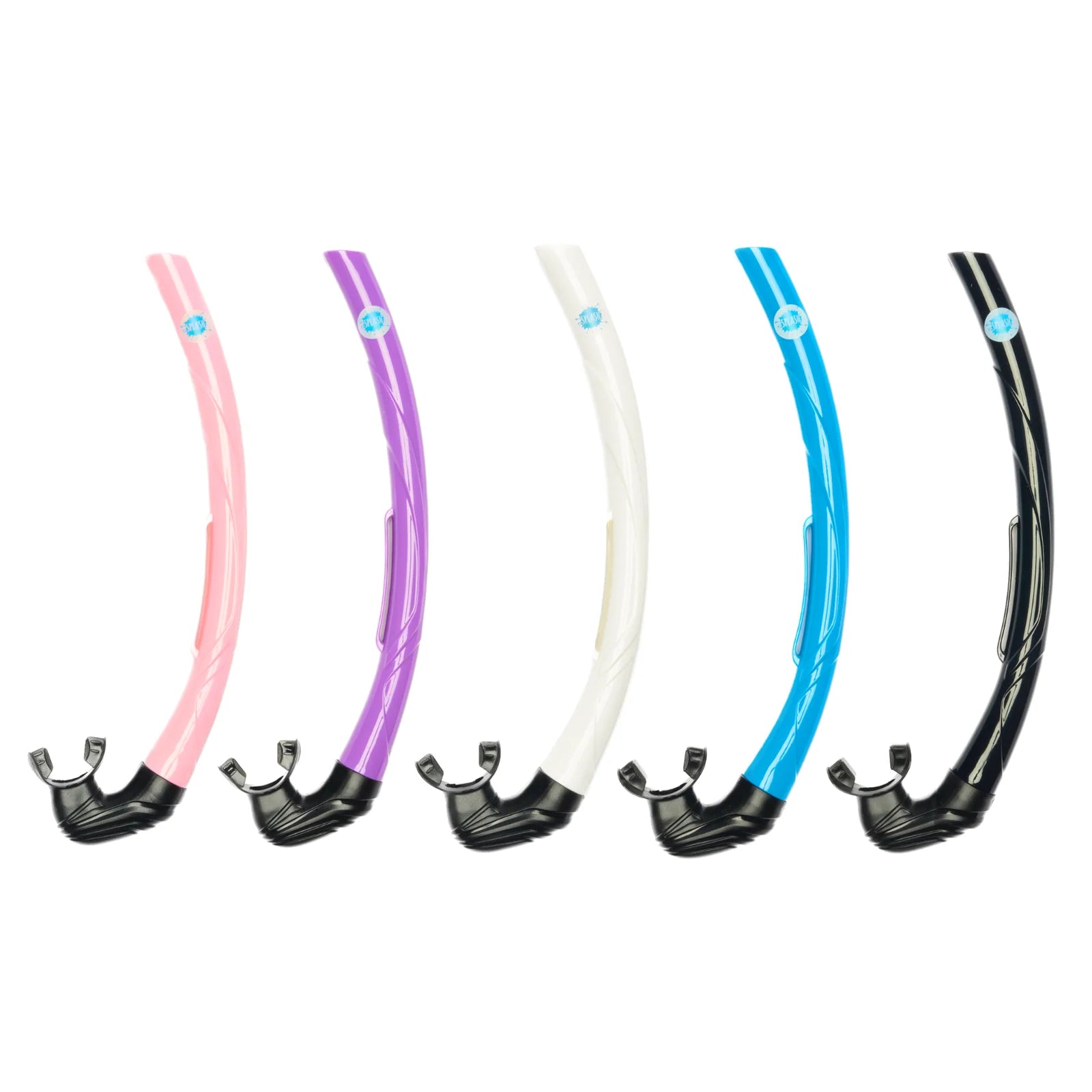 Five colorful snorkel tubes with black mouthpieces on a white background