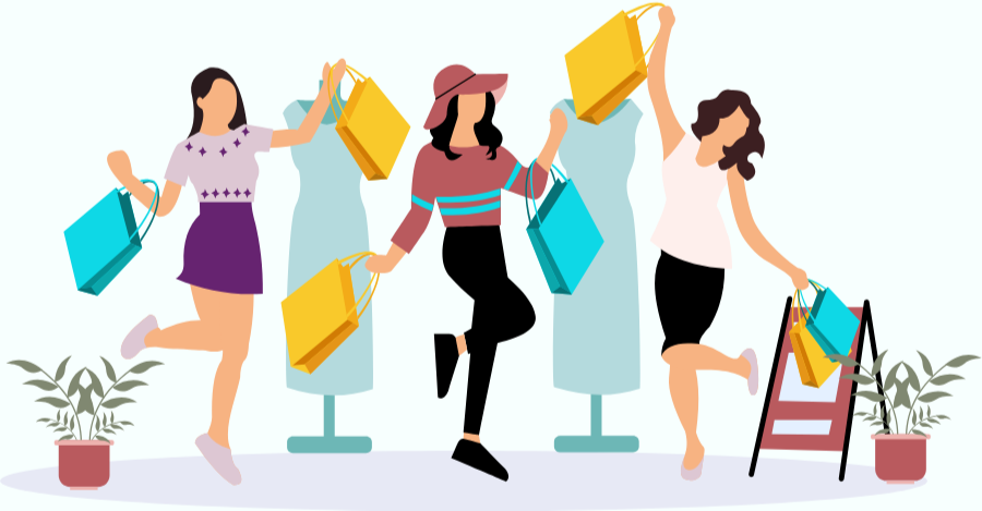 Illustration of women shopping with 'Southern Belle & Beaus' branding.
