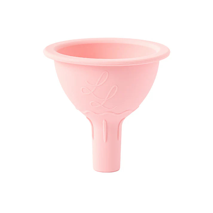 Pink silicone funnel on a white background