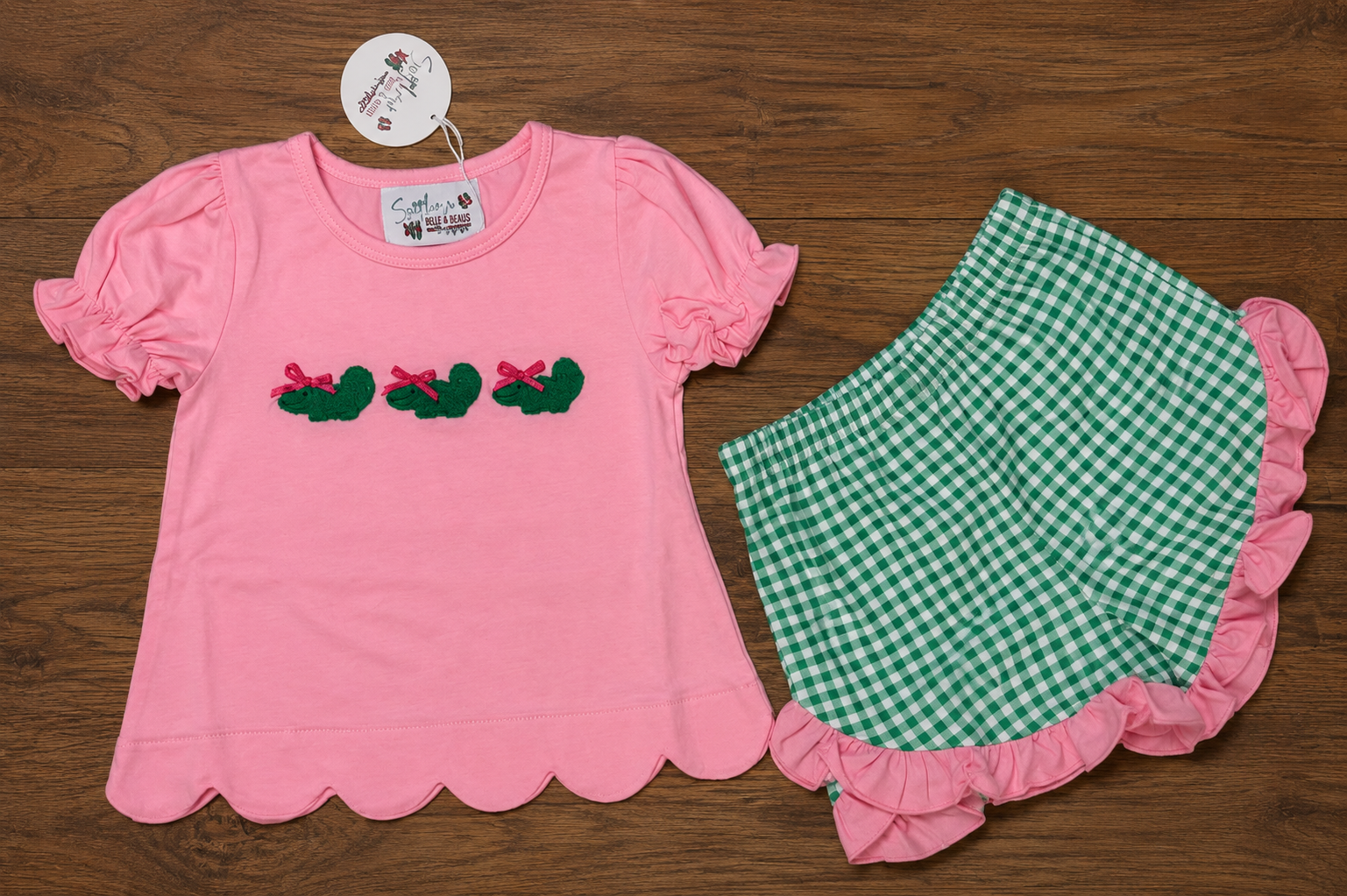 Gator Bites Girl Short Set - pink scallop hem tee with french knot gator applique and green gingham ruffle shorts