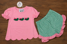 Gator Bites Girl Short Set - pink scallop hem tee with french knot gator applique and green gingham ruffle shorts