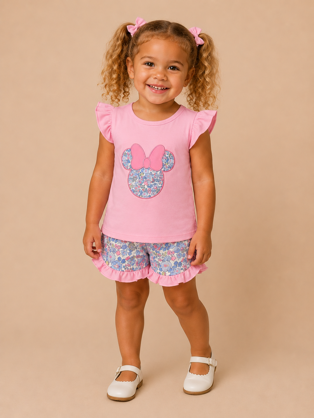 A young girl with curly hair in pigtails stands against a solid beige background, wearing a pink short-sleeve top with a glittery Mouse head graphic and matching floral ruffled shorts.