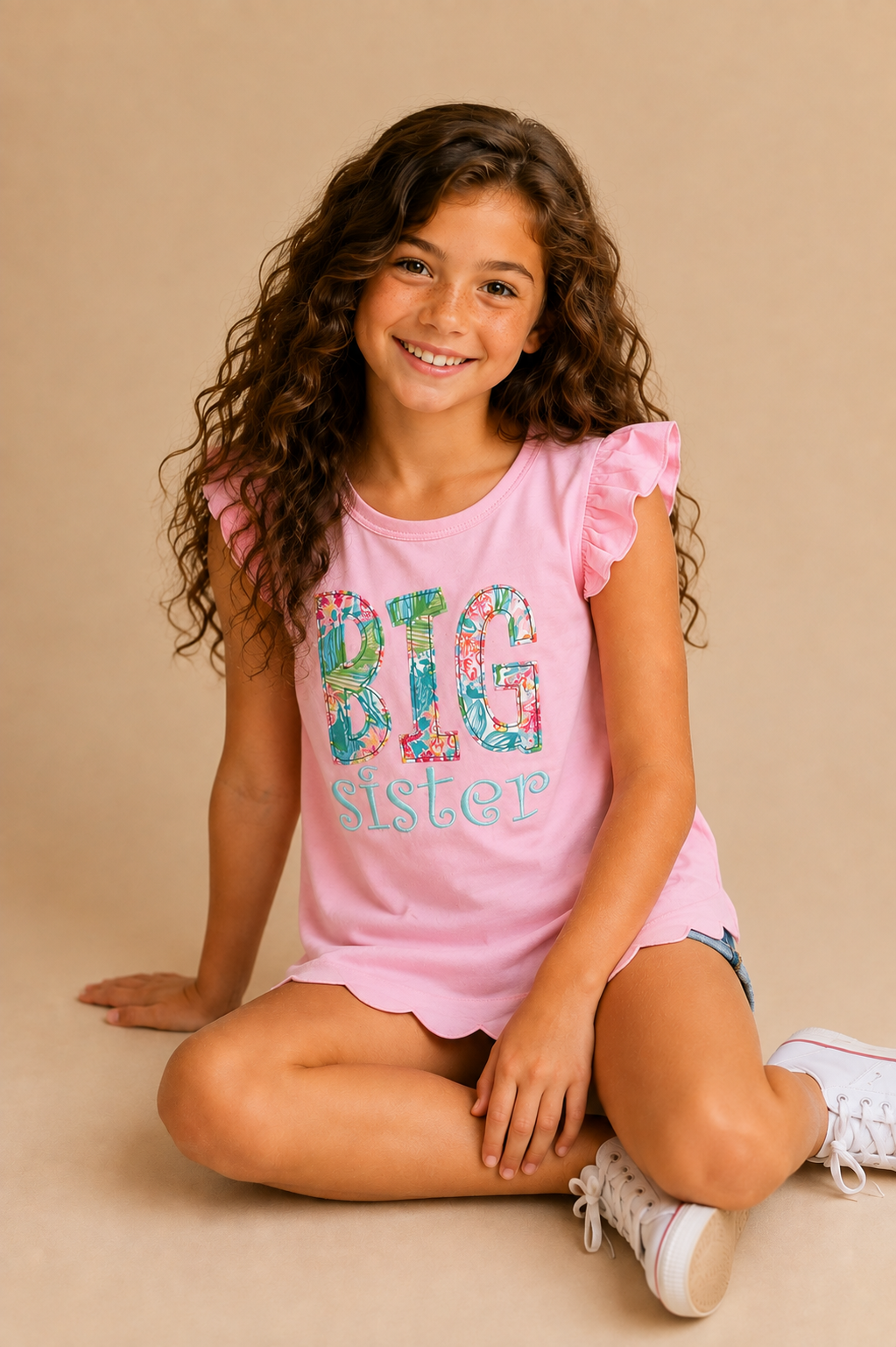 A young girl with long curly brown hair sits cross-legged on a beige studio floor, wearing a light pink ruffle-sleeve t-shirt with 'BIG sister' printed on the front in a colorful floral pattern and white sneakers.