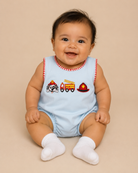 Flame Fighters Bubble - baby boy wearing light blue bubble with fire truck embroidery and red gingham trim