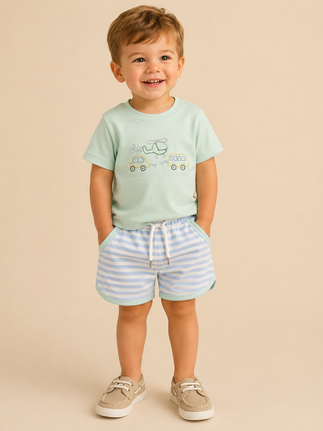 Child wearing a mint green t-shirt with a car design and striped shorts on a beige background