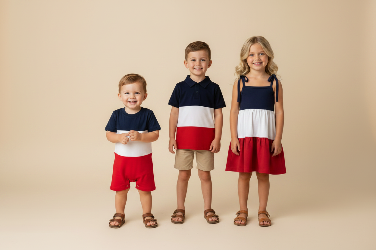 Three kids wearing patriotic outfits and brown sandals. 