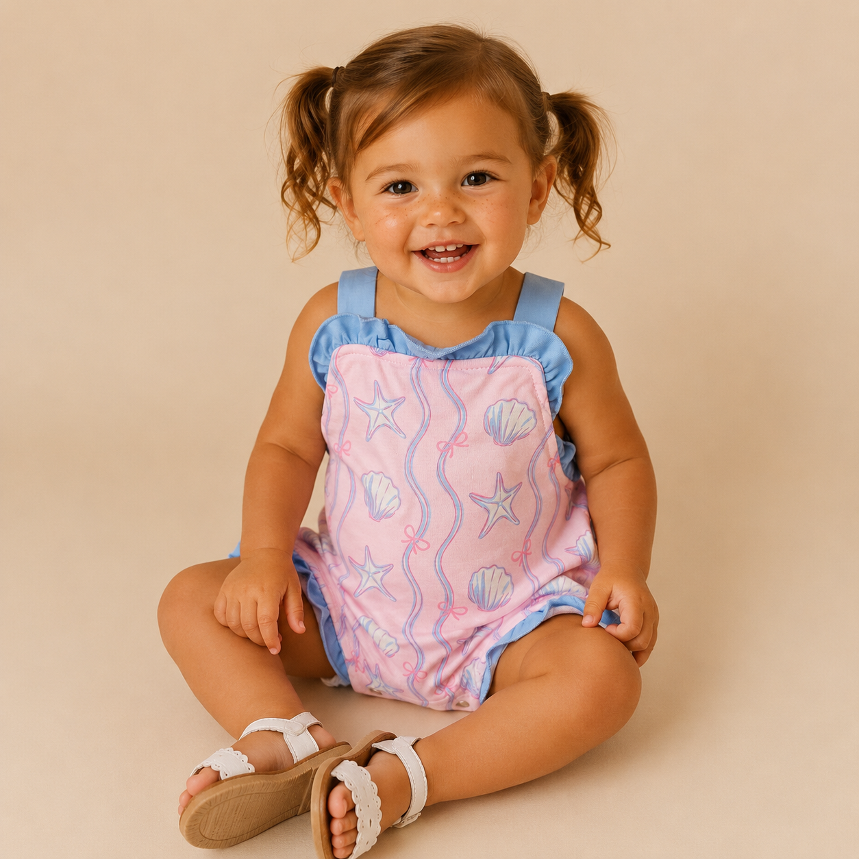 A smiling toddler girl with brown hair in pigtails sits cross-legged on a warm beige studio background. She is wearing a sleeveless pink romper with blue ruffled trim and a seashell and starfish print, along with white sandals.