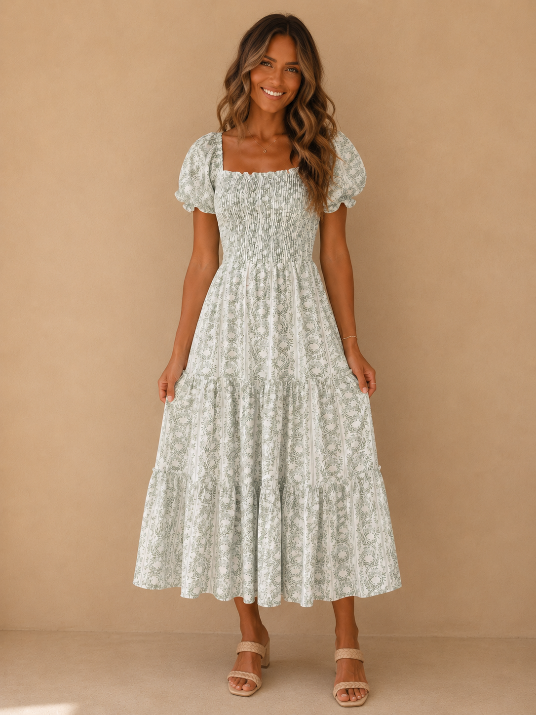 Woman wearing a floral dress against a beige background