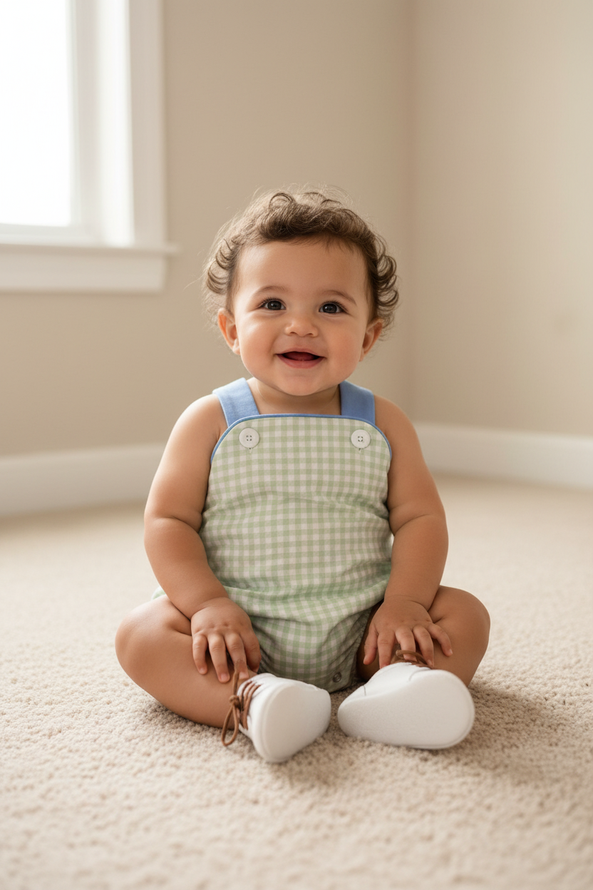 Baby Boy in Green Gingham Romper