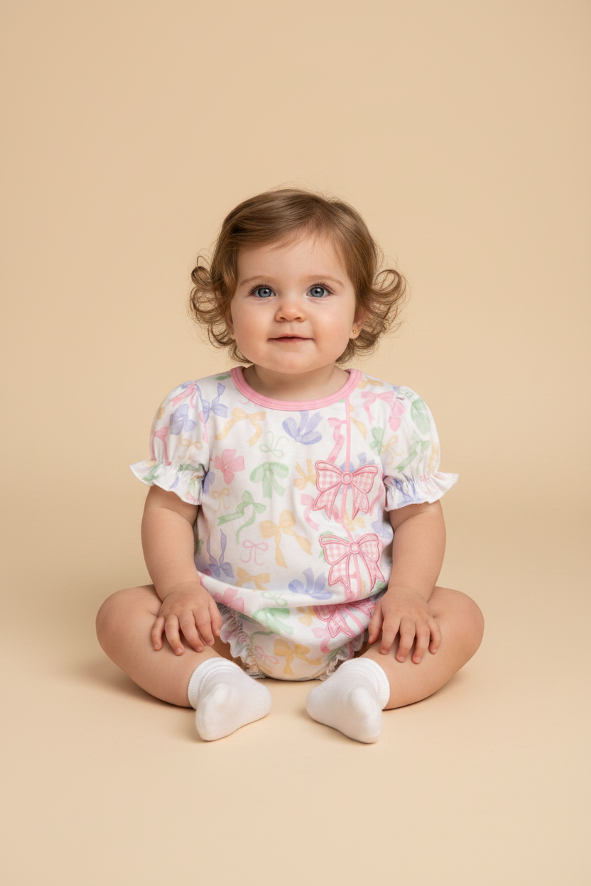 Baby Girl Sitting with a bow print bubble beige background.