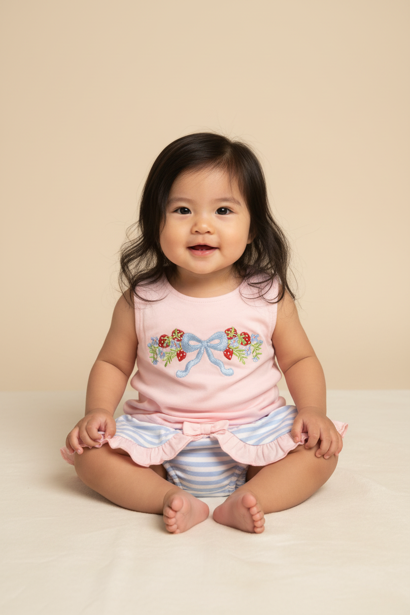 Baby Girl Strawberry Bow Set - Beige Background