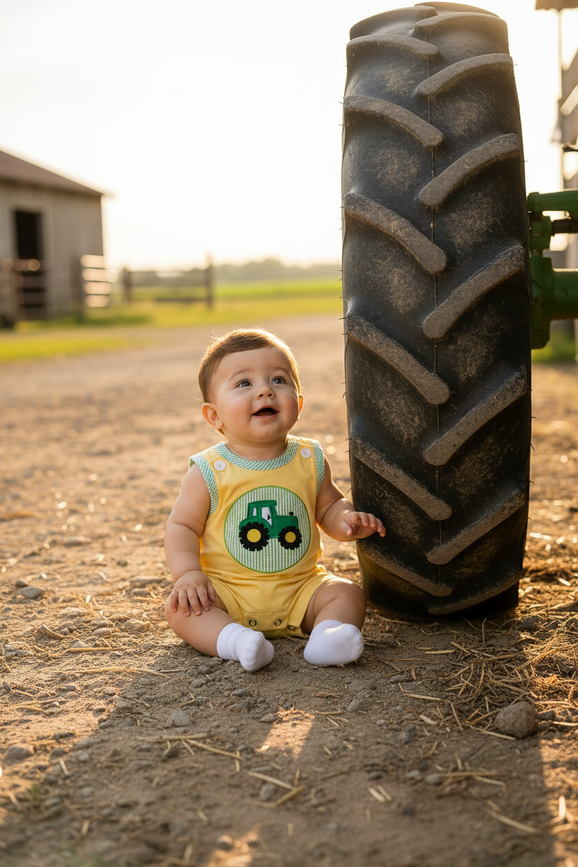 Baby sitting by tractor wheel