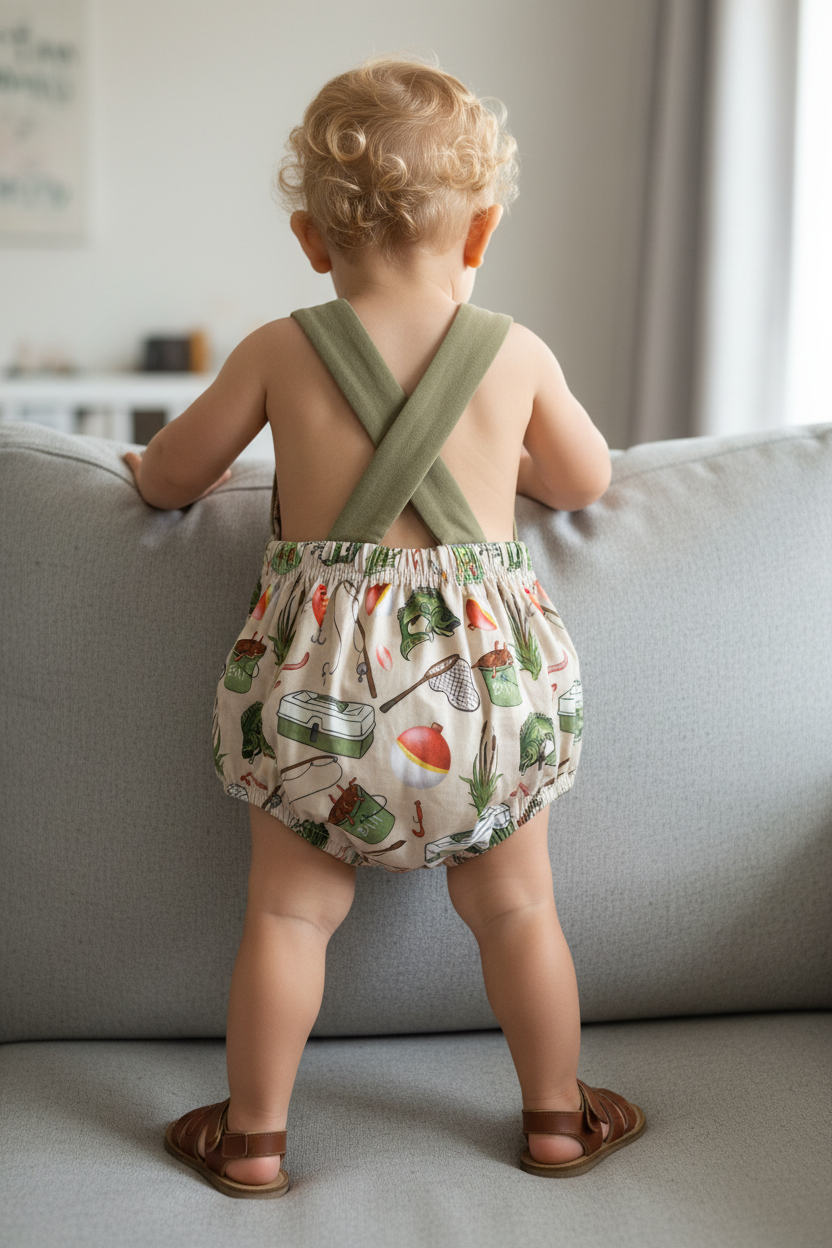 Back View - Infant Boy Standing on Couch in Fishing Bubble Romper