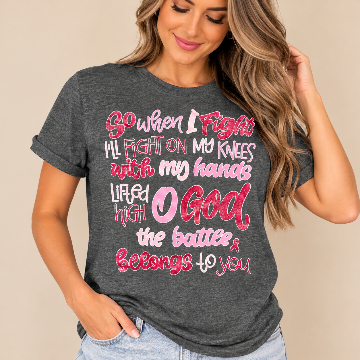 Lady wearing a grey t-shirt