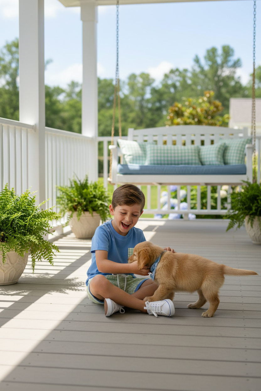 Boy laughing and playing with puppy on porch