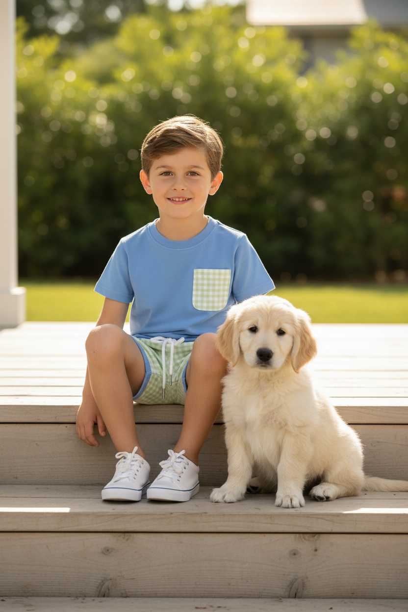 Boy sitting on porch steps with puppy