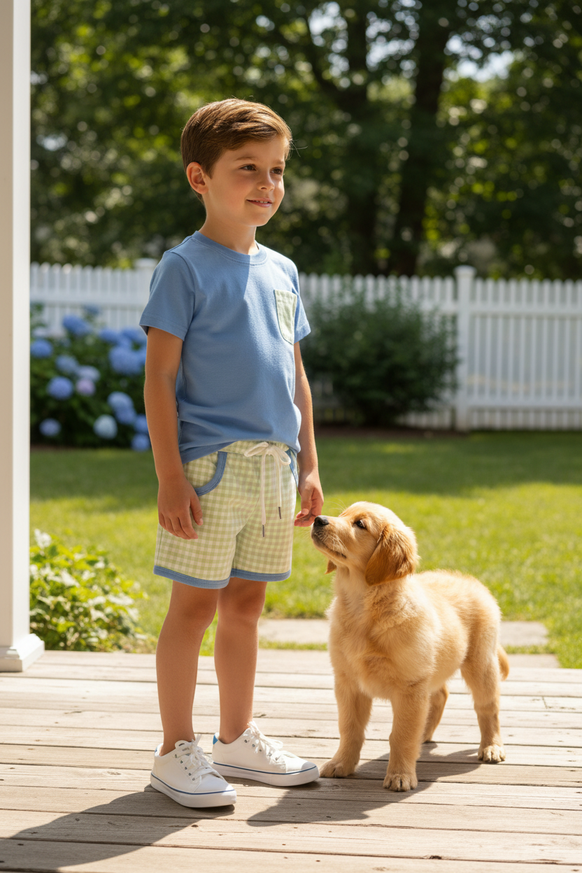 Boy standing on porch with puppy