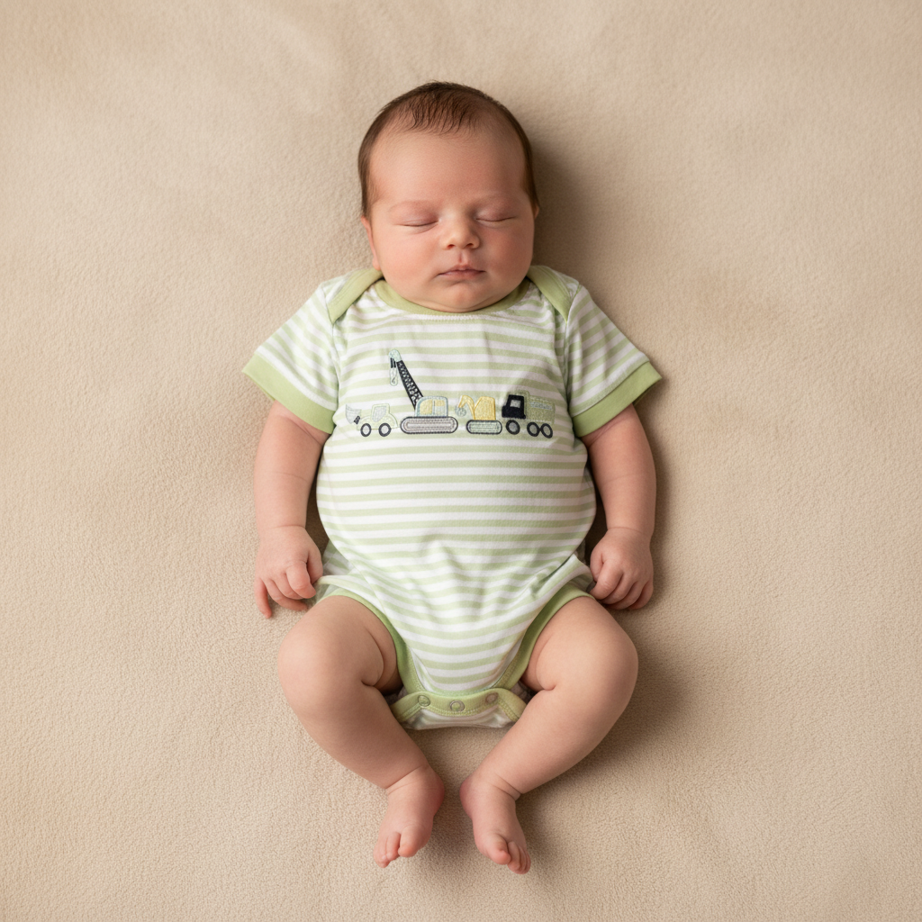 Newborn wearing a green striped romper on beige background.