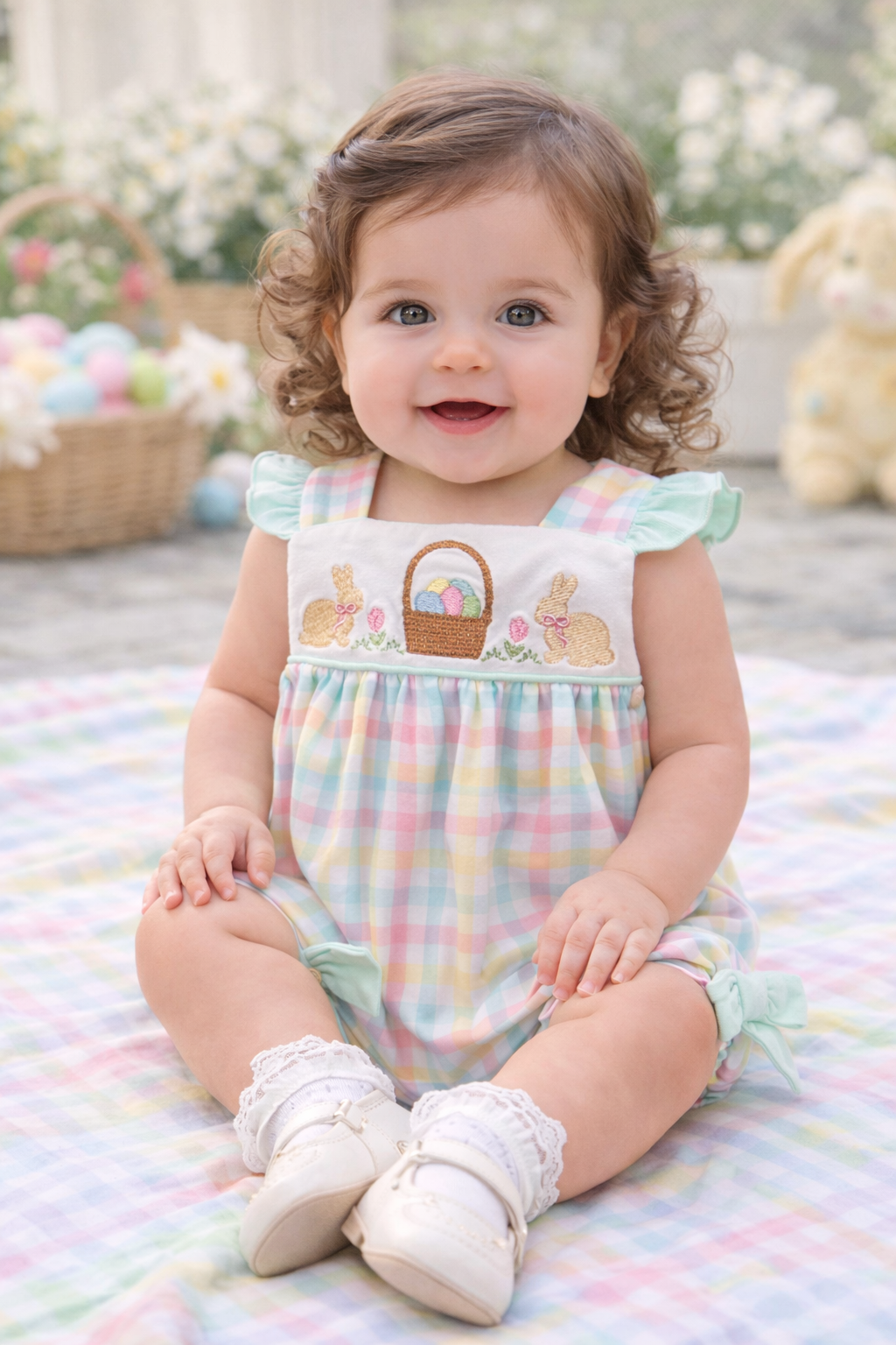 Child wearing a colorful dress with a basket design, sitting on a striped blanket.