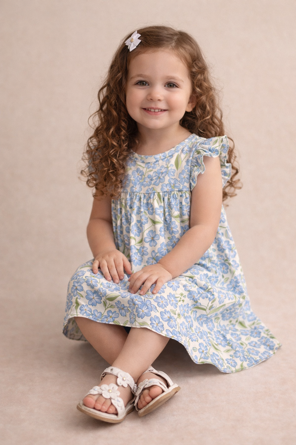 Young girl wearing a floral dress sitting on a beige background