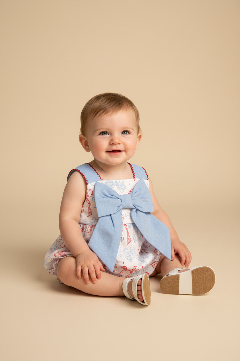 Baby girl wearing a patriotic bubble with red white and blue bows.