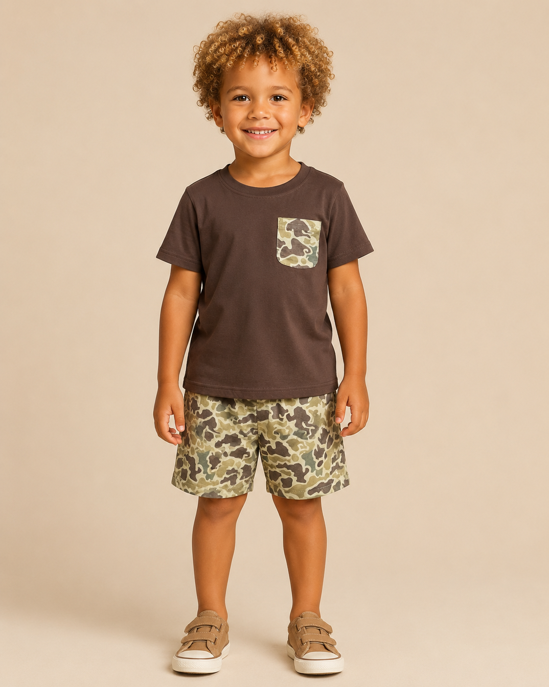 Child wearing a brown t-shirt with a camouflage pocket and camouflage shorts on a beige background