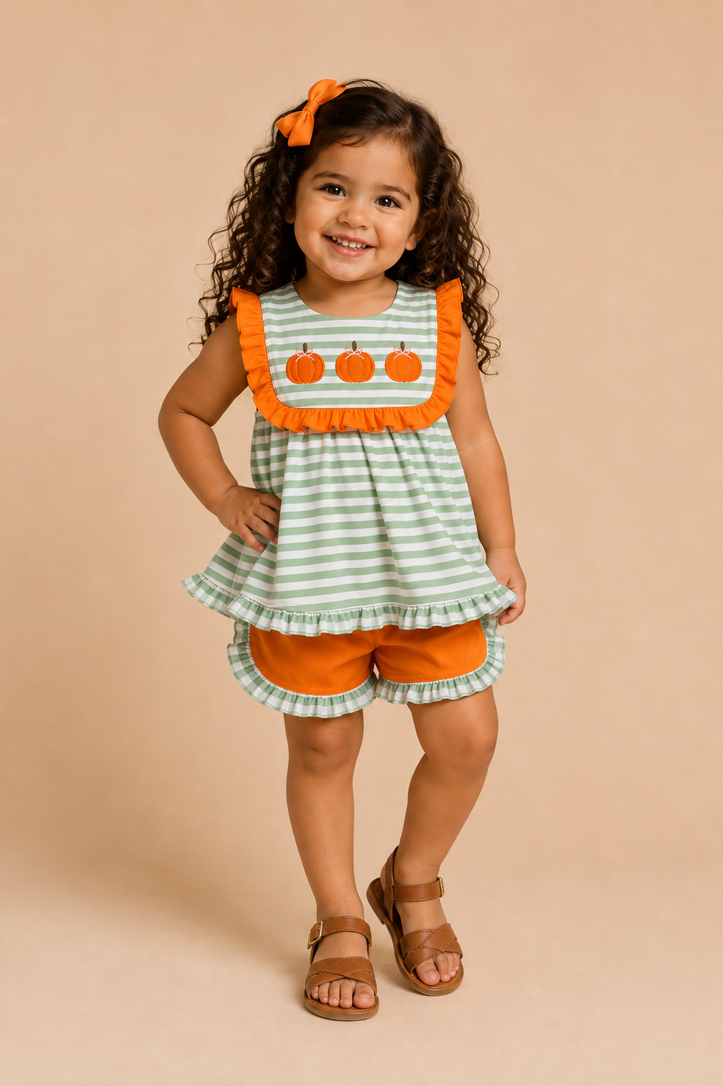 Young girl wearing a sage and white striped tunic top with 3 embroidered pumpkins with orange shorts trimmed in  gingham.