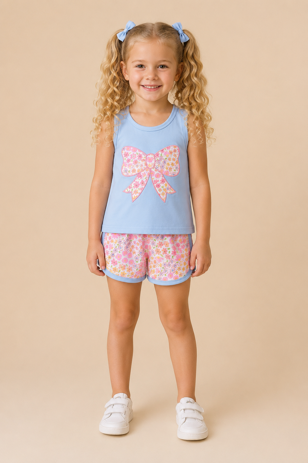 A young girl with curly blonde hair in pigtails stands against a solid beige background, wearing a light blue sleeveless tank top with a pink bow graphic and matching floral print shorts.