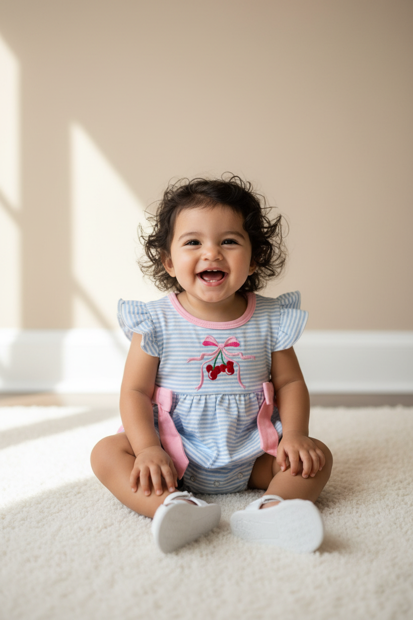 Infant model wearing a blue striped bubble with cherry embroidery . 