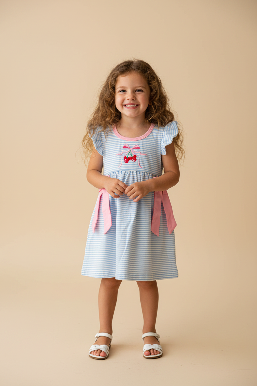 Toddler girl wearing a blue striped dress with pink ribbon on the sides and cherry embroidery.