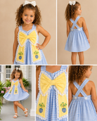 Collage of a young girl wearing a blue and yellow checkered dress with a large bow.
