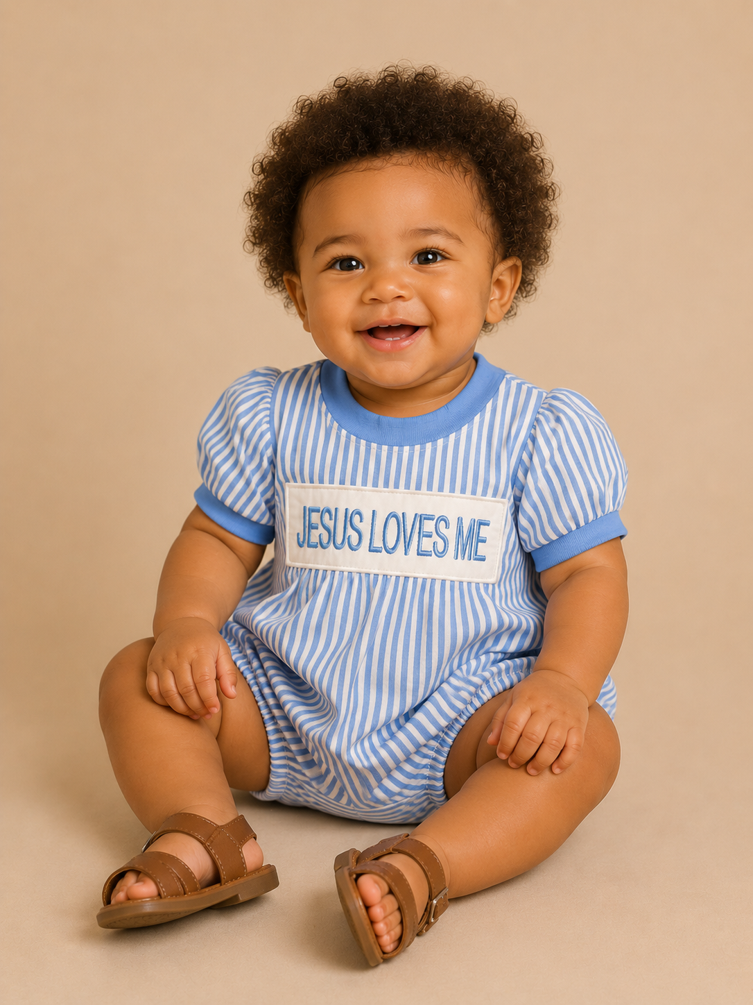Child wearing a blue and white striped outfit with 'Jesus Loves Me' text, sitting on a beige background